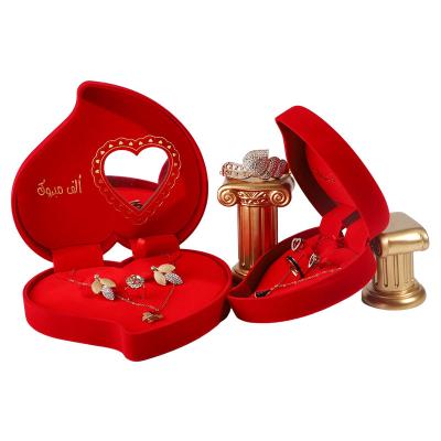 China Velvet Jewelry Box for Red Love Ring Necklace and Stud Earrings Set Custom Packaging for sale