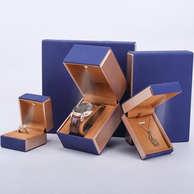 China 19x19x4cm Blue Velvet PU Leather Jewelry Gift Box with LED Light and Velvet Lining for sale