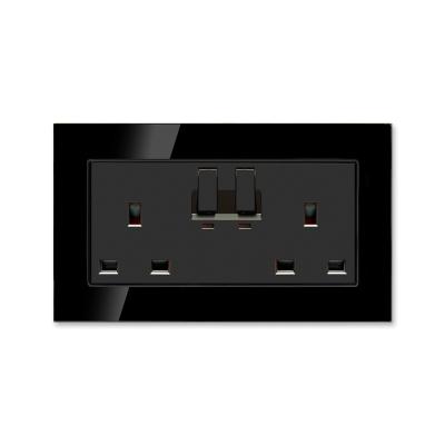 China UK Residential / General Purpose UK Luxury Black Glass Panel 13A Double Socket With Neon Electrical Switches And Sockets for sale