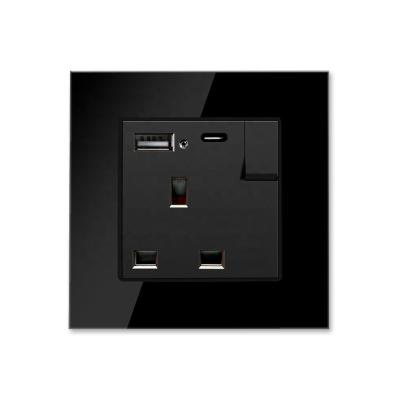 China UK 3 Pin 13A Residential/General Purpose Black Glass Socket With Type C USB Charging Port 5V 2100mA Wall Switch British Factory Price for sale