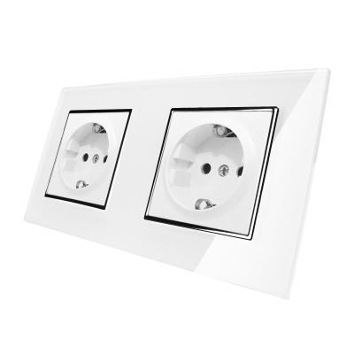 China 2 Way Wallpad Euro Russia Japan Wall Mounted Power Outlet Multi Socket 220V 16A Dual EU Residential/Multipurpose White Glass Panel Wall Outlets for sale