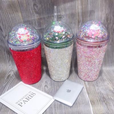 China Glitter Rhinestone Sports Drink Bottle Cartoon Cat Cute Juice Bottle Water Stocked Glitter Bottle With Straw for sale