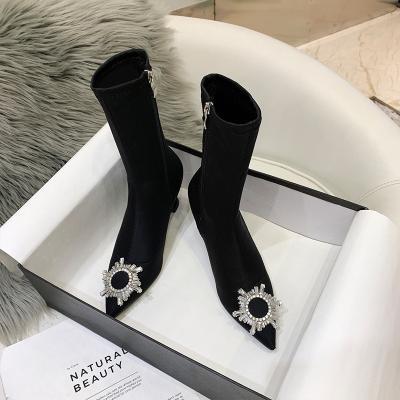 China Size increasing ankle boots European and American styles 2019 new stretch boots Sun buckle faux stone high heel thin boots for sale