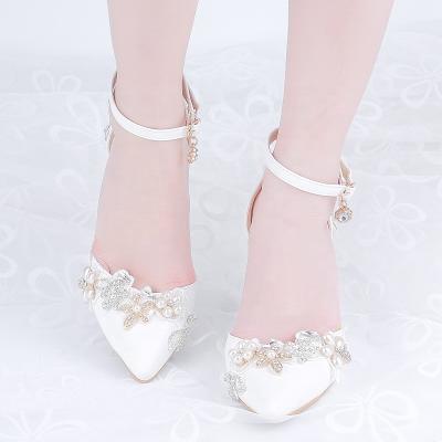 China High Waist Fashion Sharp Word Belt Women Crystal Shoes High Heel Pearl Flower Bride Princess Wedding Shoes for sale