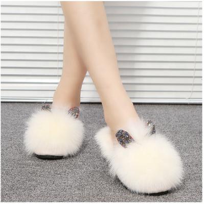 China Latest Double Heart Rhinestone Rabbit Fur Ear Anti-slippery Slippers Women's Flat Shoes for sale