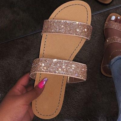 China Roman Style Bling Rhinestone Woman Anti-slippery Slide Crystal Simple Girl Ladies Spark Flat Slippers for sale