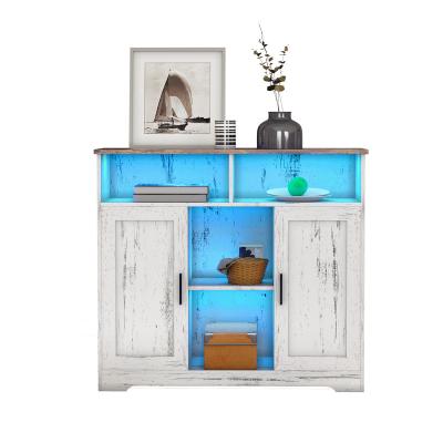 China Traditional Kitchen Buffet Sideboard Cabinet With LED Light 4 Open Shelves 2 Large Storage Drawers Modern Wooden Pantry Cabinet, for sale