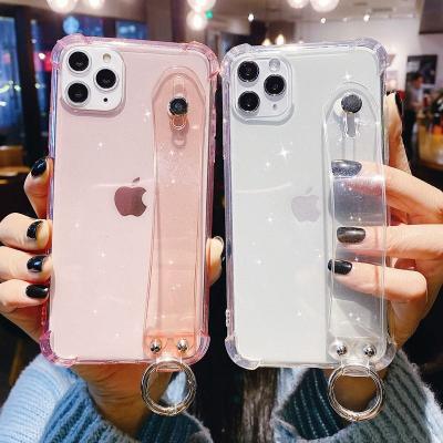 China Transparent Phone Strap Glitter Wrist Strap Phone Case For iPhone 11 12 13 14 pro X Max XR XS 7 8 Max Plus Se Kickstand Cover 2020 for sale