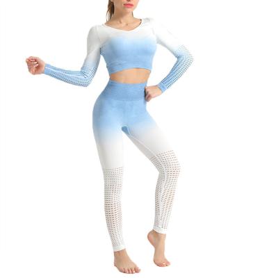 China QUICK DRY Women Winter Sports Gym Wear Seamless 2 Piece Women Plunge Dye Long Sleeve Tights And Crop Yoga Top Set for sale