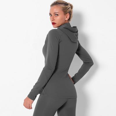 China Zipper Wear Lycra Yoga Hoodie QUICK DRY Active Nylon and Gym Sports Casual Fitness Women Jacket With Thumb Holes for sale