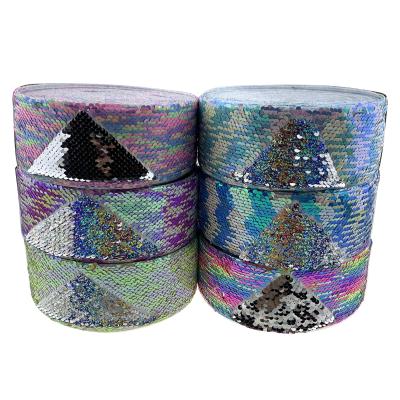 China Wholesale price 75 mm sequin fabric ribbon viable double color reversible sequin ribbon for sale