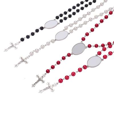 China Other Fashionable Sublimation Blanks Religious Cross Rosary Beads Necklace For Family Members for sale