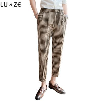 China Anti-wrinkle Wholesale Korean Style Fashion Houndstooth Pockets Thin Trousers Trend Casual Work Office Party Formal Business Men Suit Pants for sale