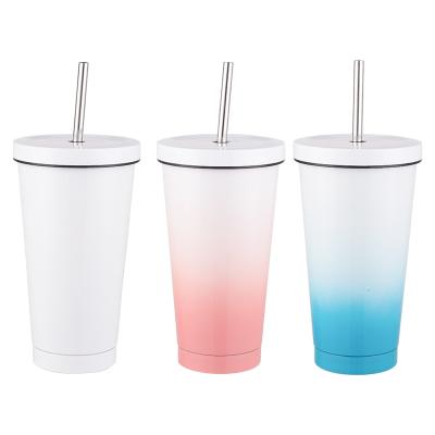 China 2021 PORTABLE Ins Style Gradient Color Stainless Steel Thermos Mug With Straw Bubble Milk Tea Mug for sale