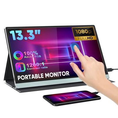 China Monitor portátil de pantalla táctil USB C de 13,3 pulgadas FHD IPS de 10 puntos de viaje para computadora portátil en venta