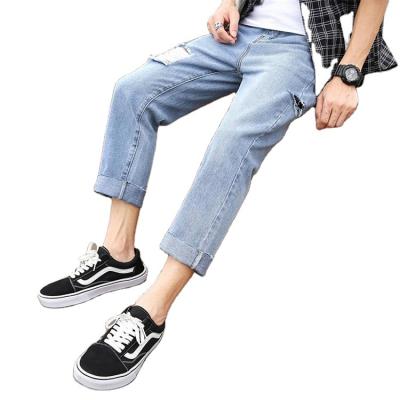 China New Destroyed Running Men's Breathable Jeans Jeans Patch Ripped Nine Point Pants Stretch Striped Loose Straight Pants For Man for sale