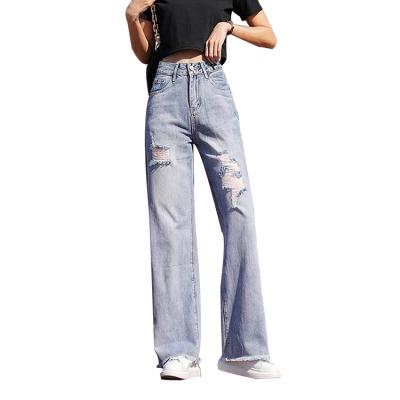 China Fashion Wide Legs Pants Womens Breathable Female Casual Straight Broken Denim Pants Cave Denim Pants for sale