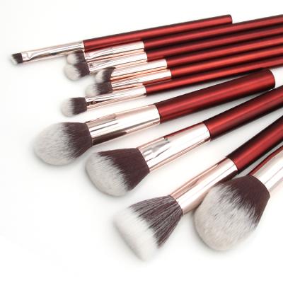 China Angular Blush Brush Makers 10pcs Makeup Brushes Red-Brown Wooden Handle Luxury Makeup Brush Set for sale