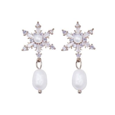 China GRACE JUN TRENDY Clip On Non Pierced Earrings For Women Fashion Luxury Natrual Shell CZ Snowflake Drop Earrings for sale