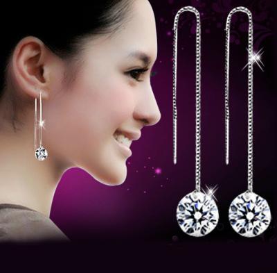 China Jewelry 925 Sterling Silver Silver Drop Dangle Earrings Cubit Clear Round Zircon Crystal Thread Through for sale