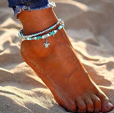 China Tragus Piercing Boho Starfish Turtle Anklet Ankle Chain Multilayer Blue Sea Beads Charm Handmade Foot Jewelry For Women for sale