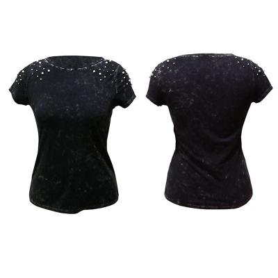 China Summer Breathable Women's Leisure Water-stitched Rhinestone Short Sleeve T-shirt Wash Dirty T-shirt Ladies Casual Tops for sale