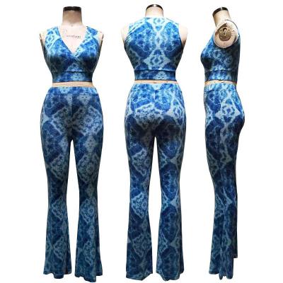 China Hot Selling High Quality Customized QUICK DRY Two Piece Ladies Printed Sleeveless Pants Loungewear for sale