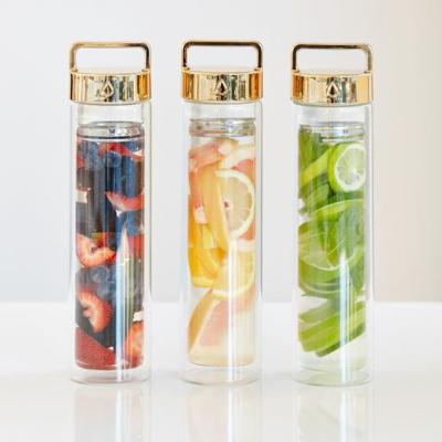 China Spikes Fruit Eco-Friendly Glass Herbs Infused Reusable Bottle Wide Mouth Water Bottle With Gold Handle And Stainless Steel Lid Infuser for sale