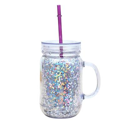 China Party/Home/Travel Acrylic Plastic Beverage Double Neck Wide Wall Gold Glitter Drinking Tumbler Lid 16oz Mason Jar With Lid And Straw for sale