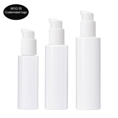 China 100ml 150ml 200ml White Flat Shoulder PET Cosmetic Lotion Bottle Head Lock Mercury Pressed Cosmetic Packaging Bottle Te koop