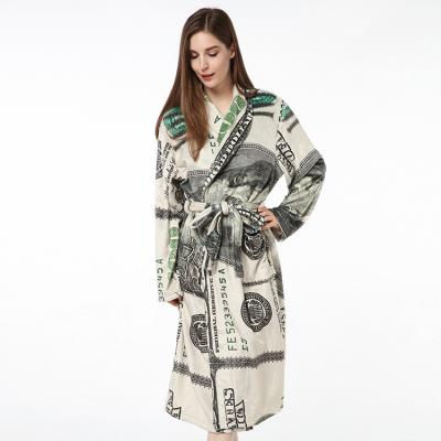 China Anti-Static dollar printed dressing gown for men and women home wear warm dressing gown flannel bathrobe for sale