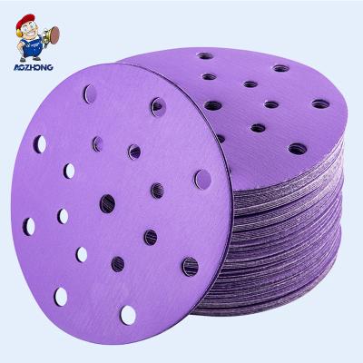 China High Quality Automotive Sandpaper150MM Wood Film Base Ceramic Purple Hook And Loop Metal Backing Sanding Disc For Car Polish for sale