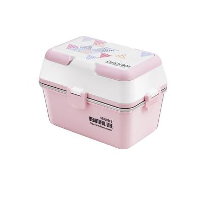 China Viable Pink Bento Plastic Lock Lunch Box Cute Reusable All in One Stackable Bento Lunch Box Container for sale