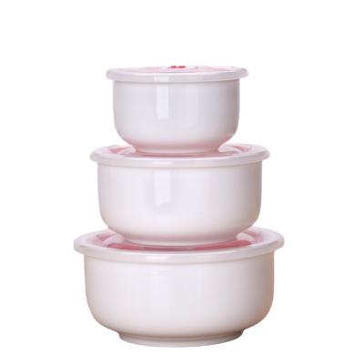 China Sustainable White Ceramic 3PCS Fresh Salad Instant Noodle Seal Bowl Set With Plastic Cover for sale