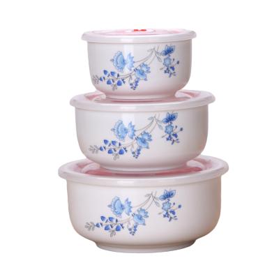 China 3pcs Sustainable Soup Lid Packing Ceramic Cool Plastic Bowl,Ceramic Bowl With Lid Seal Cover for sale