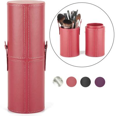 China Fashion Vegan Leather Makeup Brush Holder Round Shaped Travel Brushes Case Bag for sale