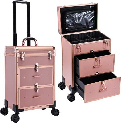 China Fashion Color Large Capacity Trolley Storage Cosmetic Case Aluminum Alloy Travel Makeup Bag Professional Custom Portable Fixing Box for sale