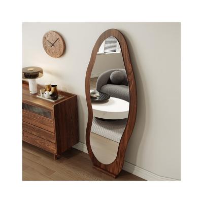 China Traditional Wall Solid wood Floor Full Shape Length Standing Irregular Home Decorative Curved Large Arch Shaped Frame Wave Floor Mirror for sale