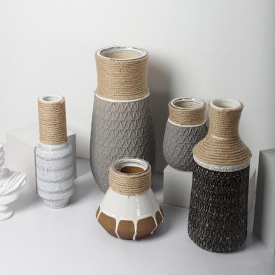 China Wholesale Nordic Ceramic Eco-friendly Decor Wedding Rope Style Vase Porcelain Decorative Ceramic Flower Vase For Home Decor for sale