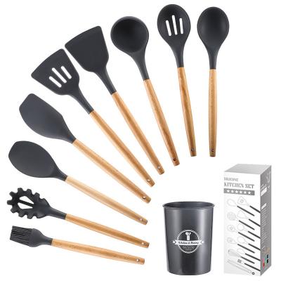 China Sustainable 10 Pcs Top Selling Silicone Kitchen Utensils Cooking Tools Cookware Set With Wooden Handle for sale