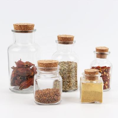 China 3oz 5oz 8oz Square Small Spice Stocked Glass Jar With Cork Lid Stopper Wooden Bottle for sale