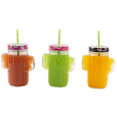 China Beverage 400ml 12oz Cactus Shaped Transparent Glass Milk Juice Drinking Bottle With Straw for sale