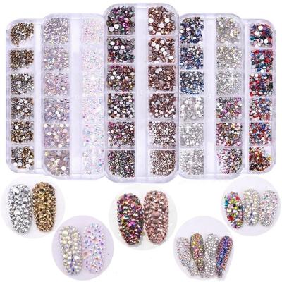 China 12 Boxes Beautiful Flatback Manicure Flat Bottom High Quality Glass Press On Nails With Rhinestones Diamond Color ab Decorative for sale