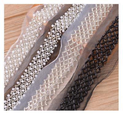 China High Quality Flatback HUANSHUANG Pearl Tube Beads Lace Up Mesh Handmade Trim Women Party Dress Decoration For Sewing for sale