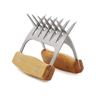 China Easily Cleaned Metal Bear Meat Shredder Claws Stainless Steel Bear Claw Barbecue Meat Shredders Separator Forks With Wooden Handle for sale