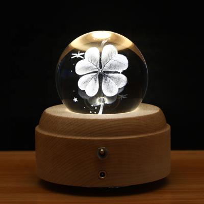 China Modern 3D K9 Crystal Ball Music Box Table Night Lamp Laser Engraved Rotating Crystal for Party Home Birthday Gift for sale