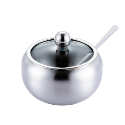 China Viable Stainless Metal Drum Form Sugar Bowl With Glass Lid And Spoon for sale