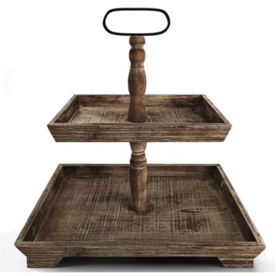 China Sustainable Manufacturer Price Two Tiered Wooden Tray For Home Decor Storage Organizer for sale