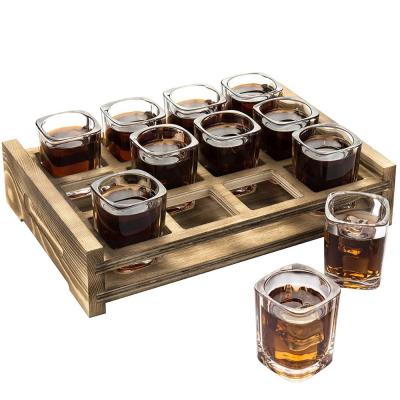 China 12 Shot Glasses Bamboo and Wood Server Shot Glass with Wooden Tray With Rustic Burnt Wood for sale