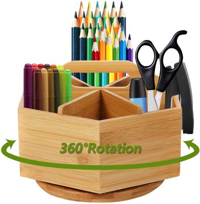 China Cool Bamboo Art Supply Organizer, Revolving Pencil Pen Holder With 6 Compartments for sale